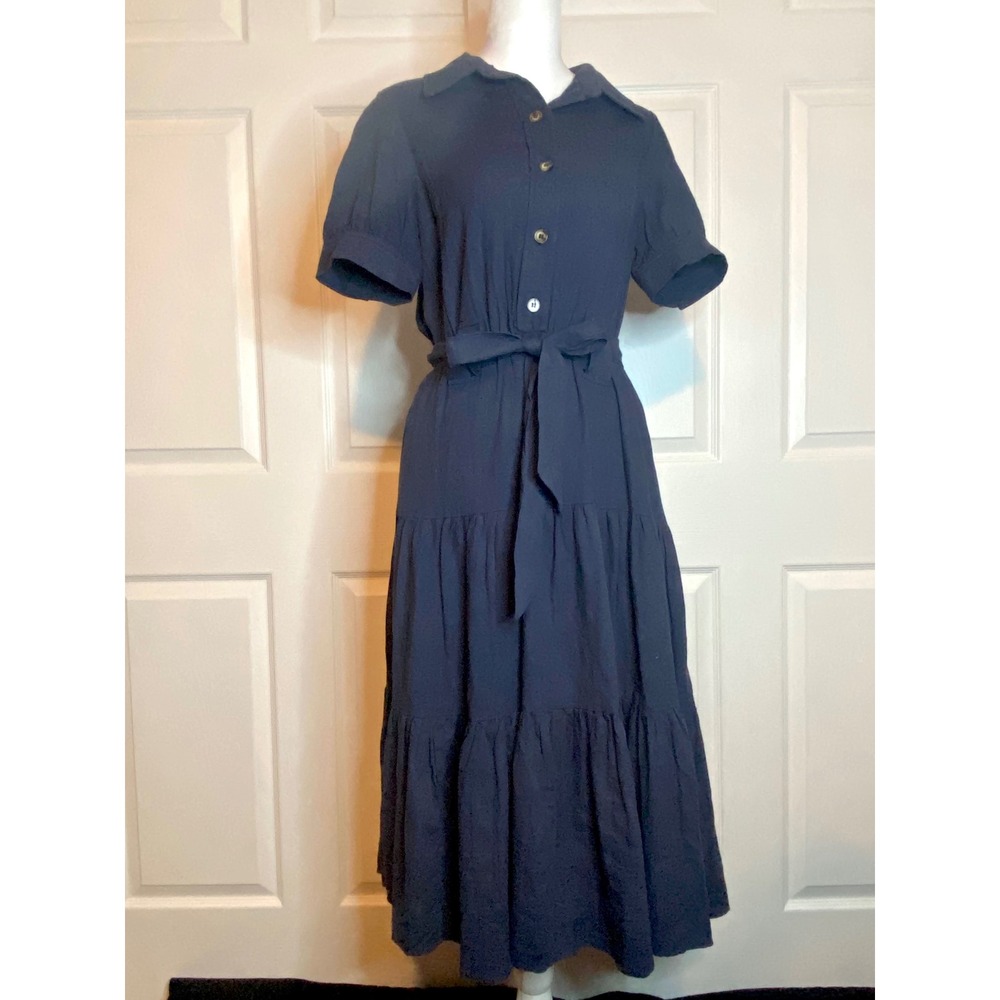 Kaileigh Naurelle Navy Blue Puff Sleeve Tiered Midi Shirt Dress Small NWT